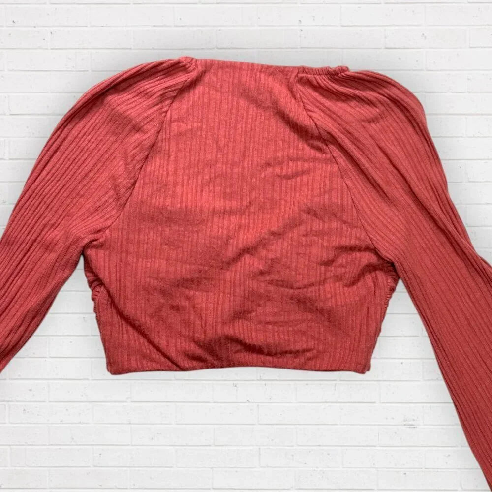 FREE PEOPLE Quest Bell Sleeve V-Neck Cropped Top Strawberry Spritz Pink Red S
